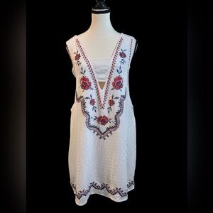 Weavers White Mini Dress with Red Floral Embroidery